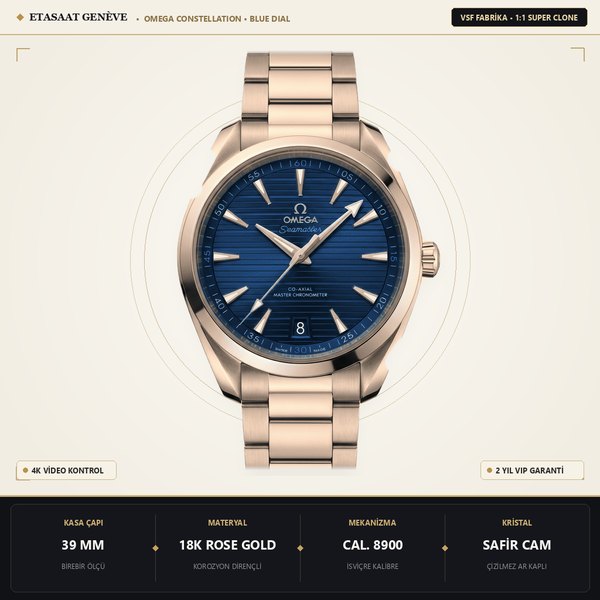 Omega Constellation 39MM RG Mavi Kadran A8801 Eta Saat - 1:1 Süper Klon Replika Saat