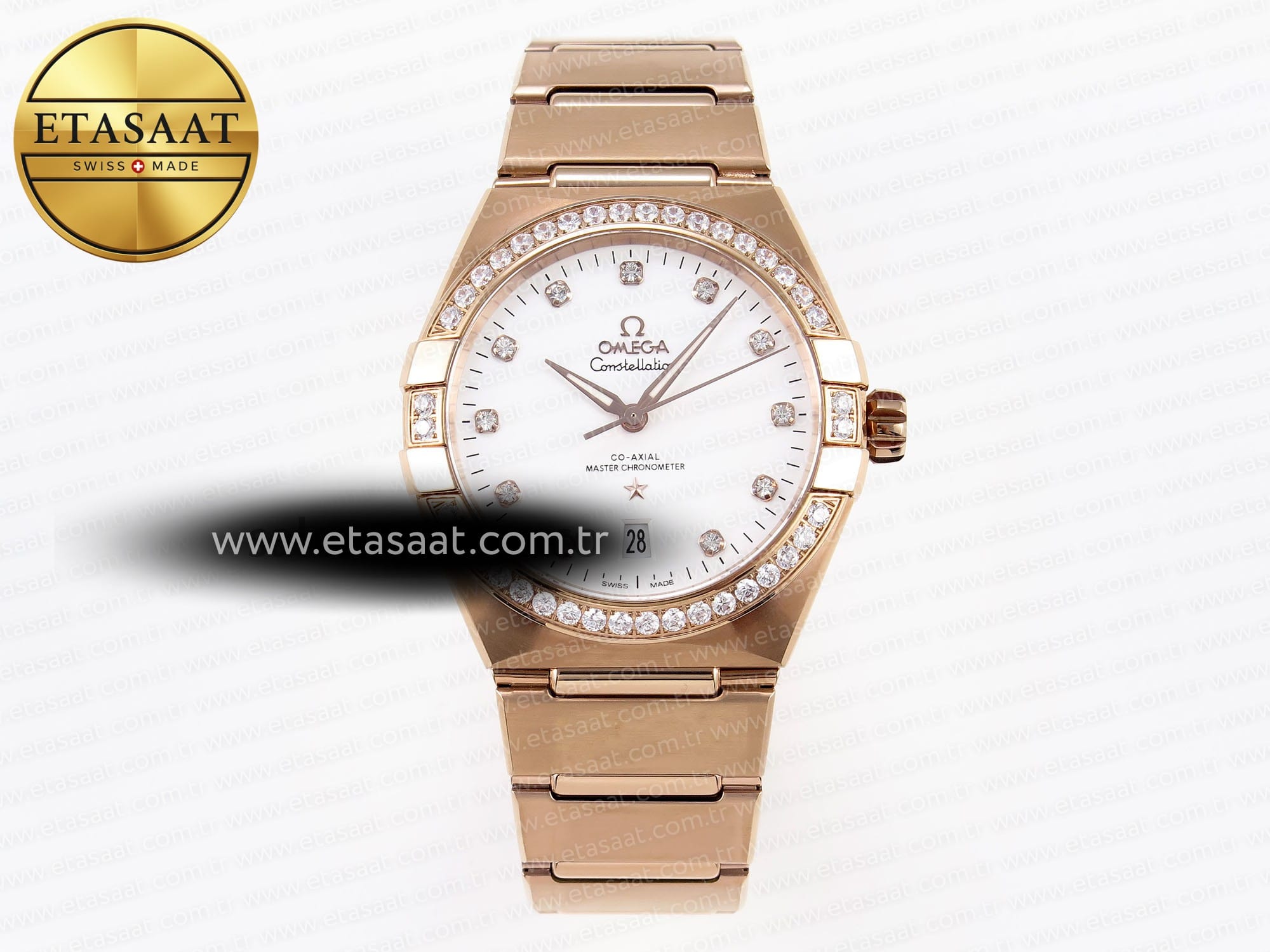 Omega Constellation 39MM RG Pırlantalı Beyaz Kadran RGA8801 Eta Saat - 1:1 Süper Klon Replika Saat Omega Constellation 39MM RG Pırlantalı Beyaz Kadran RGA8801 Eta Saat - 1:1 Süper Klon Replika Saat