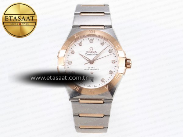 Omega Constellation 39MM Çelik/RG Beyaz Pırlanta A8800 Eta Saat - 1:1 Süper Klon Replika Saat