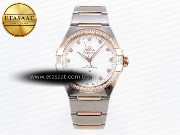 Omega Constellation 39MM Çelik/Altın Beyaz Pırlanta A8800 Eta Saat - 1:1 Süper Klon Replika Saat