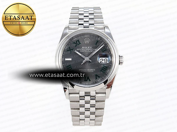 Rolex Datejust 36 126200 Gri Kadran Yeşil Roma VS3235 Eta Saat - 1:1 Süper Klon Replika Saat