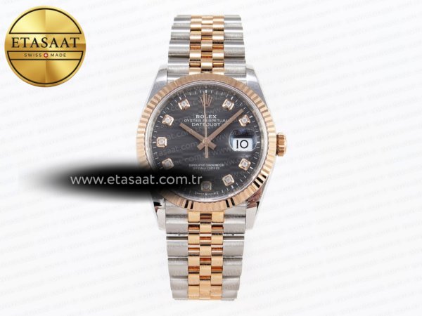 Rolex Datejust 36 Çelik/RG 126231 Gri Dokulu VS3235 Eta Saat - 1:1 Süper Klon Replika Saat