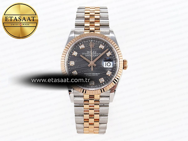 Rolex Datejust 36 Çelik/RG 126231 Gri Dokulu VS3235 Eta Saat - 1:1 Süper Klon Replika Saat