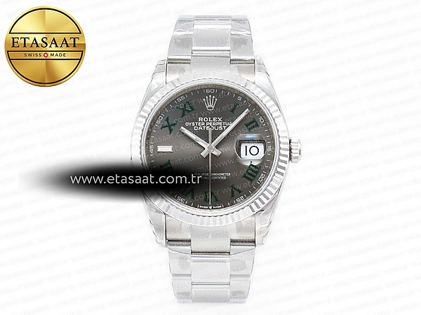 Rolex Datejust 41 126330 904L Gri Kadran Yeşil Roma VS3235 Eta Saat - 1:1 Süper Klon Replika Saat