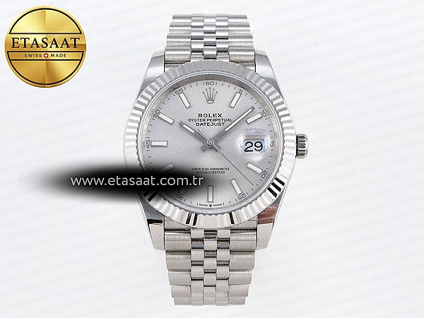 Rolex Datejust 41MM 126334 Gümüş Kadran Çizgi İndeks SH3235 Eta Saat - 1:1 Süper Klon Replika Saat