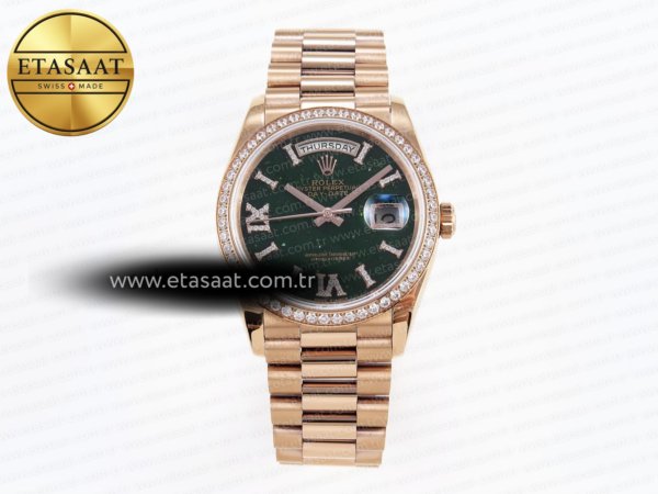 Rolex Day-Date 36mm Rg/Rg Pres Pırlantalı Yeşil Raf A2836 Eta Saat - 1:1 Süper Klon Replika Saat