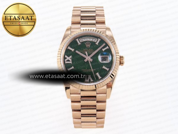 Rolex Day-Date 36mm Rg/Rg Pres Yeşil Kadran Raf A2836 Eta Saat - 1:1 Süper Klon Replika Saat