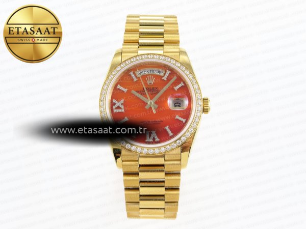 Rolex Day-Date Yg/Yg Pres Pırlantalı Turuncu Degrade A2836 Eta Saat - 1:1 Süper Klon Replika Saat