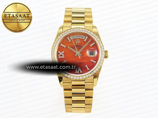 Rolex Day-Date Yg/Yg Pres Pırlantalı Turuncu Degrade A2836 Eta Saat - 1:1 Süper Klon Replika Saat