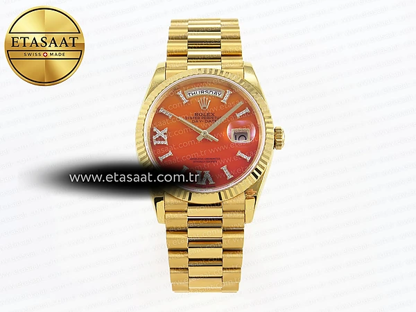 Rolex Day-Date Yg/Yg Pres Turuncu Degrade A2836 Eta Saat - 1:1 Süper Klon Replika Saat