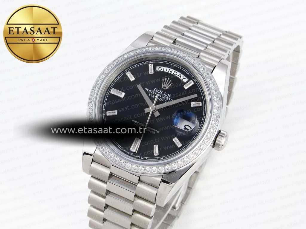 daydate 40 ss gsf gain weight black crystal dial diamonds bezel on president bracelet a28361