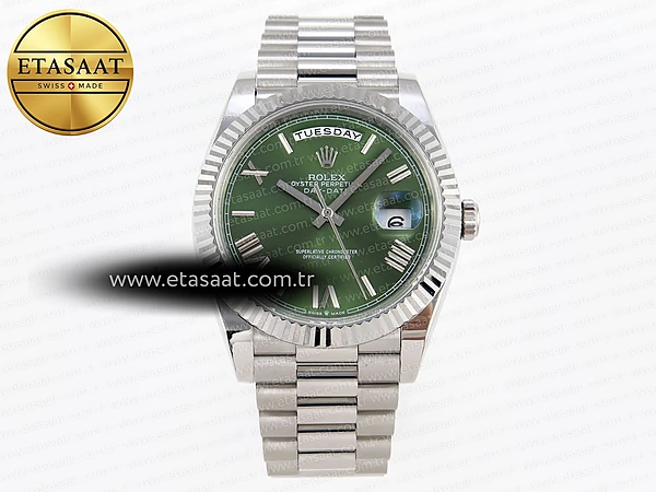 Rolex Day-Date 40 Yeşil Roma Rakamlı Bilezik A2836 Eta Saat - 1:1 Süper Klon Replika Saat