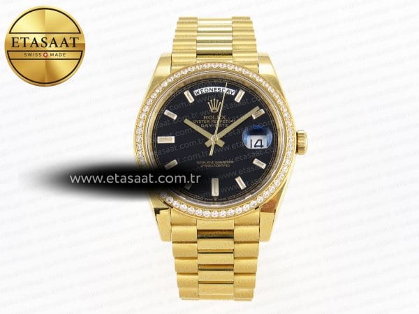 Rolex Day-Date 40 Siyah Pırlantalı A2836 Eta Saat - Görsel 3 - 1:1 Süper Klon Saat