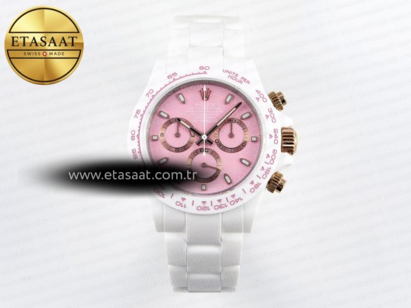 Rolex Daytona Beyaz Seramik Pembe Kadran SA4130 Eta Saat - 1:1 Süper Klon Replika Saat