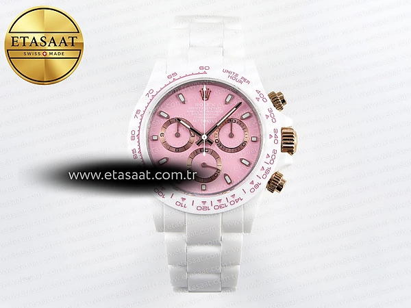 Rolex Daytona Beyaz Seramik Pembe Kadran SA4130 Eta Saat - 1:1 Süper Klon Replika Saat