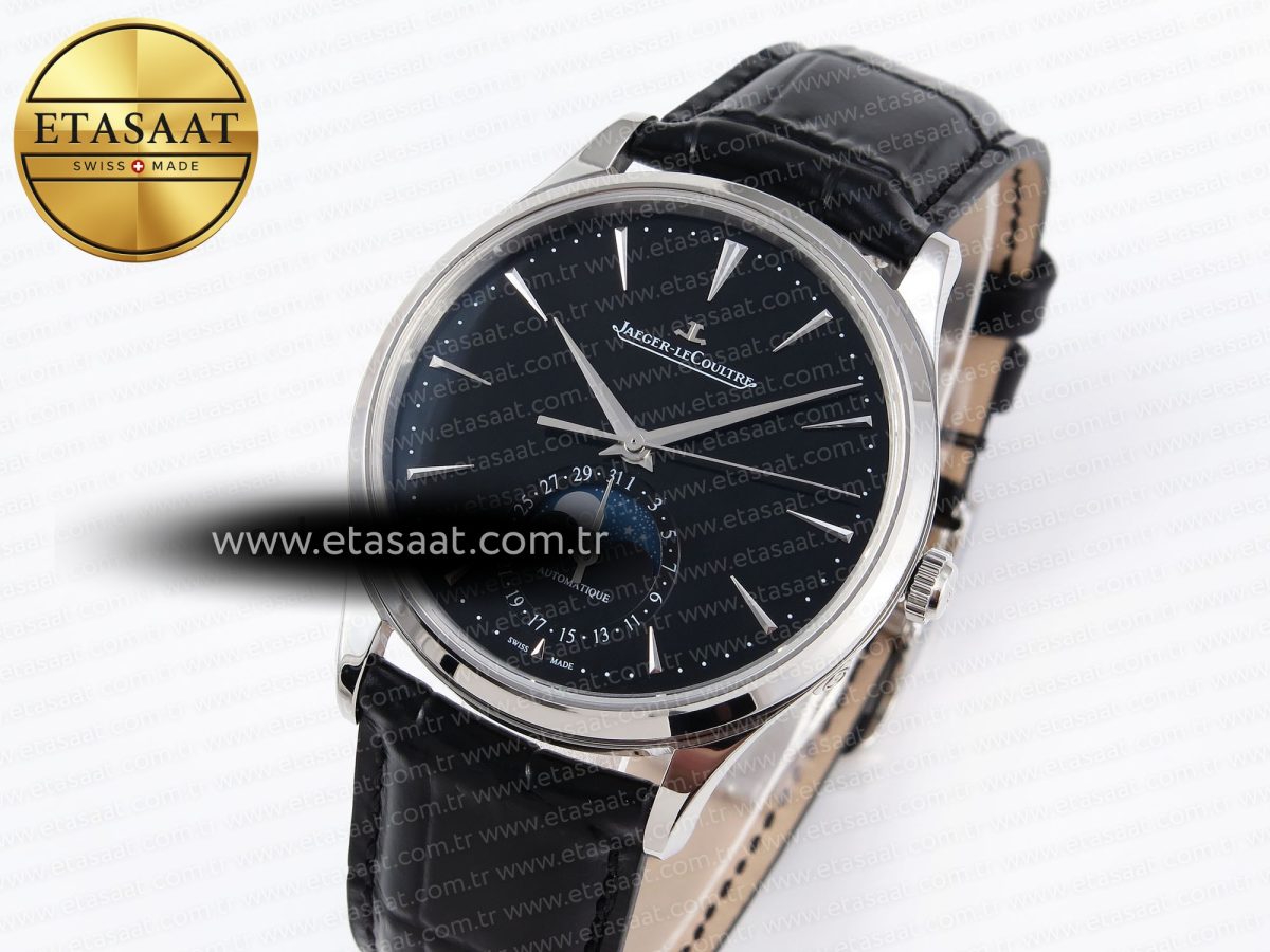 Jaeger Lecoultre Master Ultra Thin Moon 1368420 SS ZF 1:1 Best Edition Black Dial on Black Leather Strap SA925 Super Clone V2 - Görsel 1