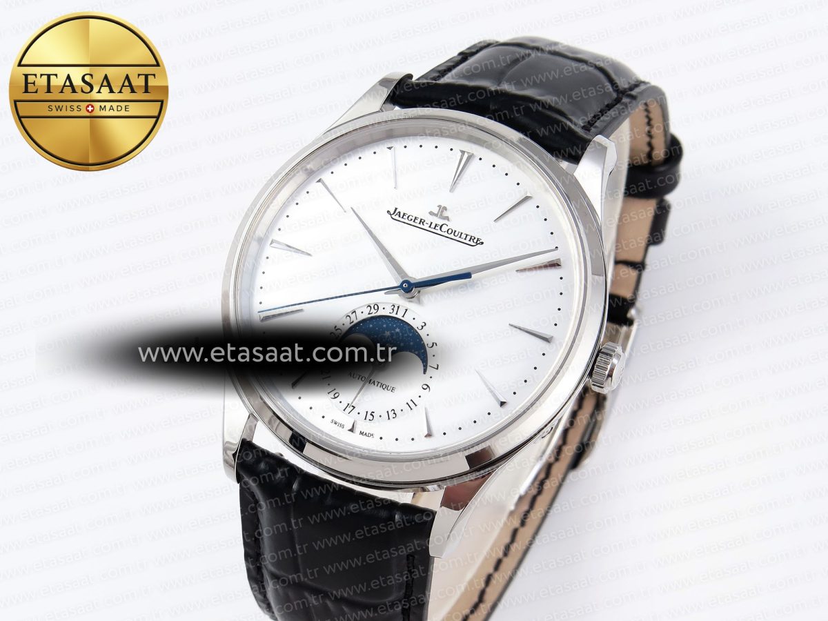 Jaeger Lecoultre Master Ultra Thin Moon 1368420 SS ZF 1:1 Best Edition White Dial on Black Leather Strap SA925 Super Clone V2 - Görsel 1