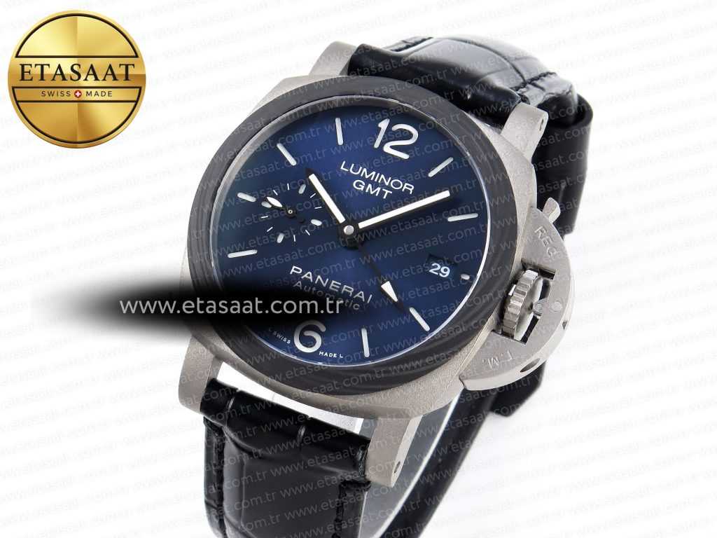 pam1279 x luminor gmt 42mm titanium vsf 11 best edition blue dial on black leather strap p 9011 super clone2