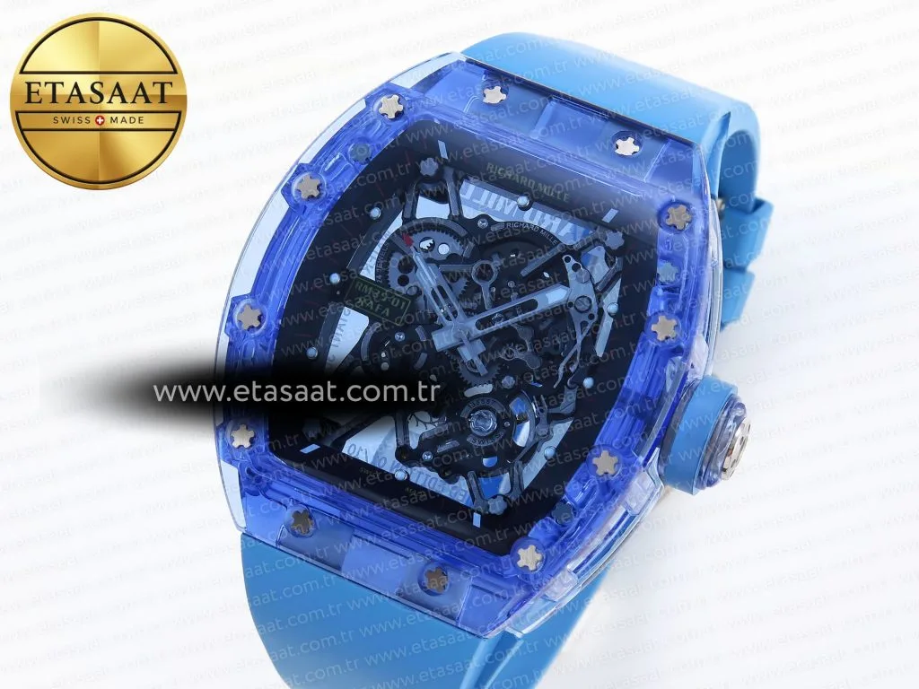 rm035 blue transparent rmf best edition skeleton dial on blue rubber strap clone rmul22