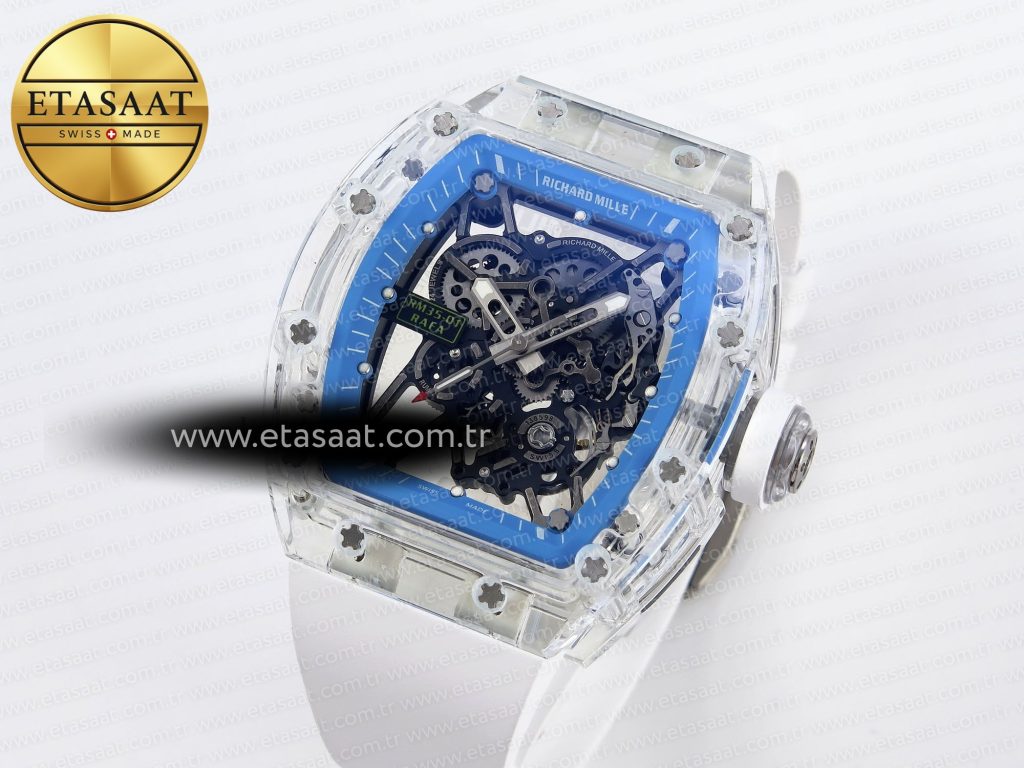 rm035 transparent rmf best edition skeleton blue dial on white rubber strap clone rmul22