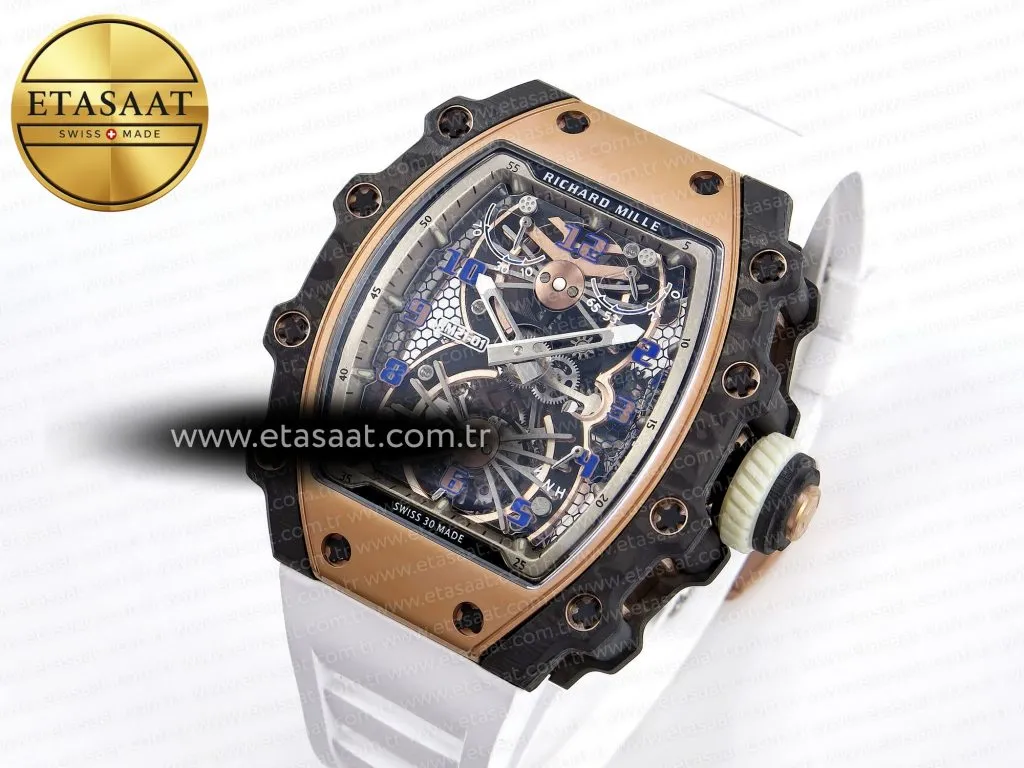 rm21 01 rg tourbillon rmf best edition skeleton dial on white rubber strap2