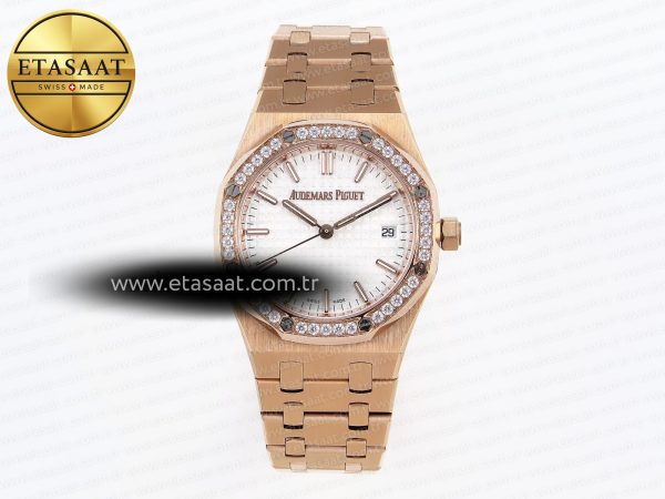 Audemars Piguet Beyaz Kadran Pırlantalı Swiss Quartz Eta Saat - 1:1 Süper Klon Replika Saat