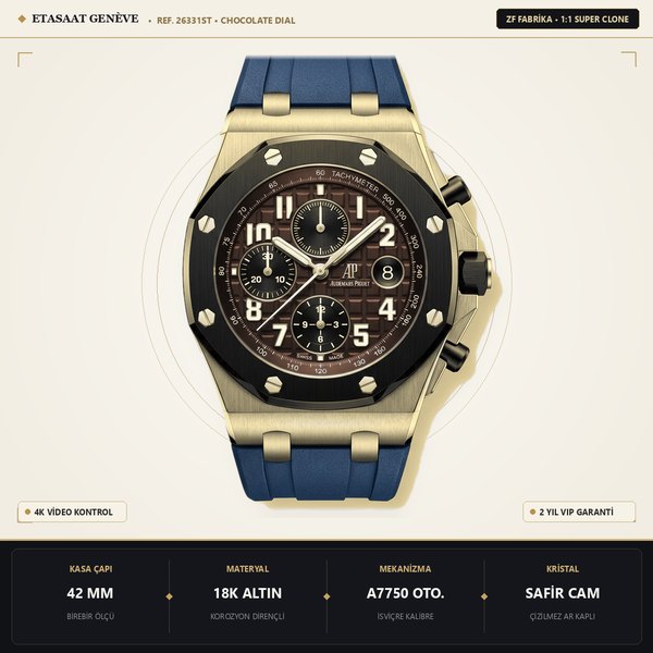 Audemars Piguet Royal Oak Kronograf 26331ST YG Kahve A7750 Eta Saat - 1:1 Süper Klon Replika Saat