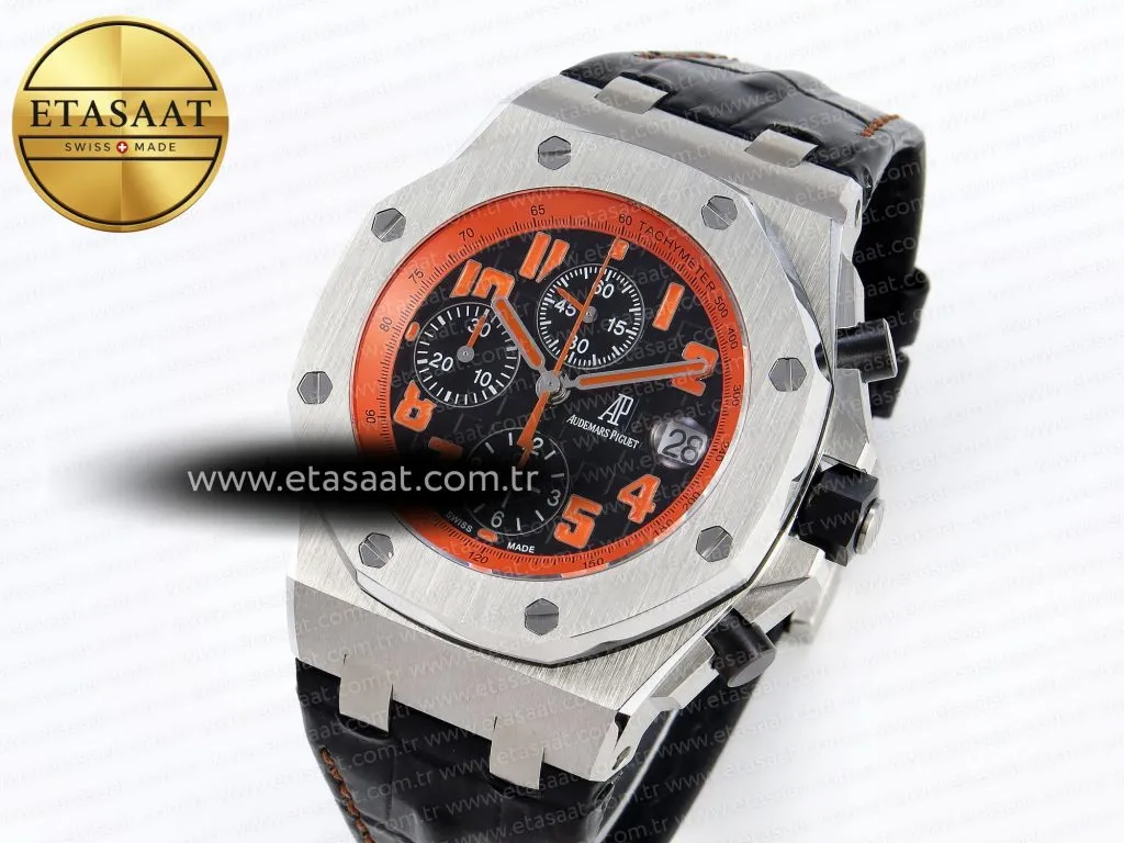 royal oak offshore 42mm ss apf 11 best edition black dial orange markers on black leather strap a77502