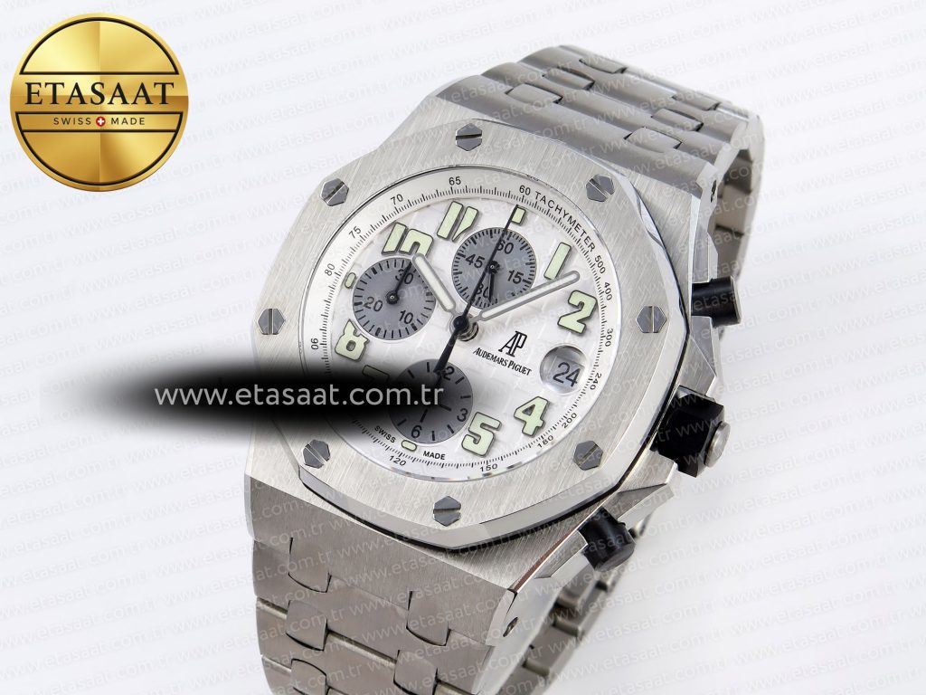 royal oak offshore 42mm ss apf 11 best edition white silver dial on ss bracelet strap a77502