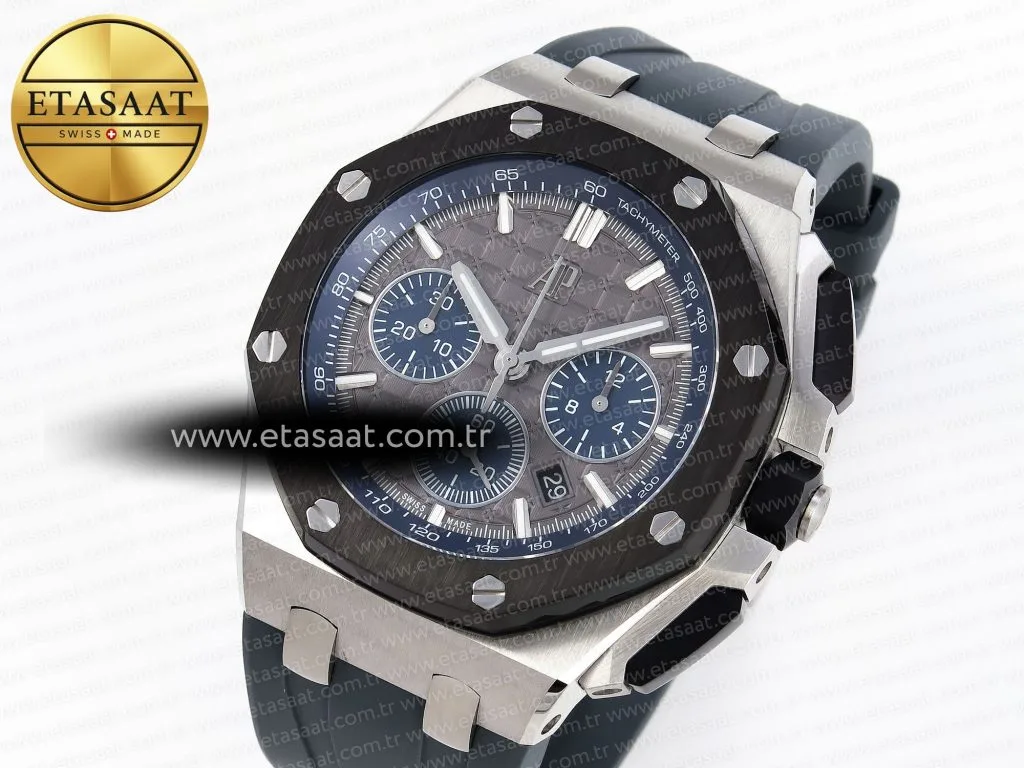 royal oak offshore 44mm ss black ceramic bezel apf 11 best edition gray blue dial on gray rubber strap a44011