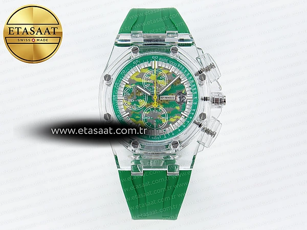 Audemars Piguet Royal Oak Offshore 44MM Şeffaf Yeşil Eta Saat - 1:1 Süper Klon Replika Saat