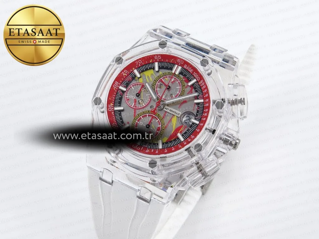 royal oak offshore 44mm transparent apf best edition red dial on white rubber strap a31261
