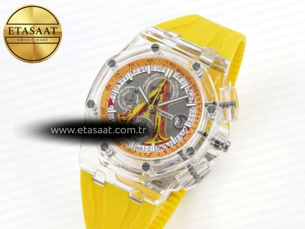 royal oak offshore 44mm transparent apf best edition yellow dial on yellow rubber strap a31262