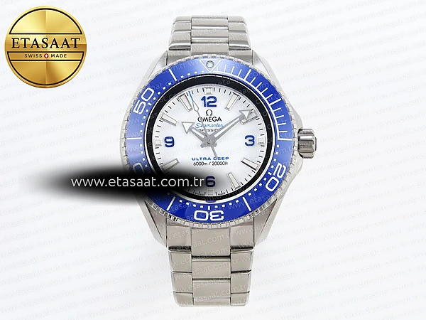 Omega Seamaster Planet Ocean 45.5mm Beyaz Kadran Çelik Bilezik TF A2824 Super Clone ETA – Ön Cephe Kadran ve Kasa Görünümü