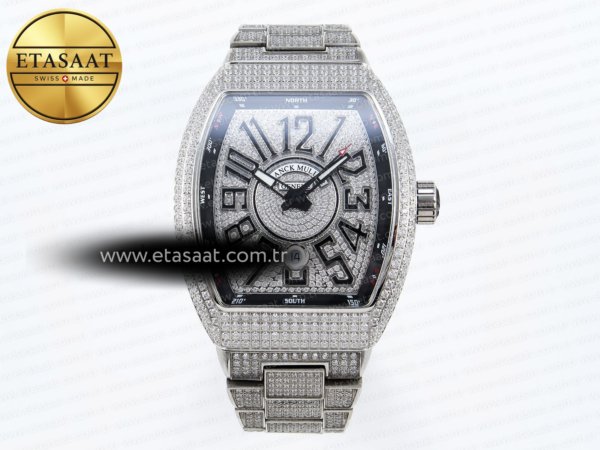 Franck Muller Vanguard Tam Pırlantalı Siyah Kadran A2824 Eta Saat - 1:1 Süper Klon Replika Saat