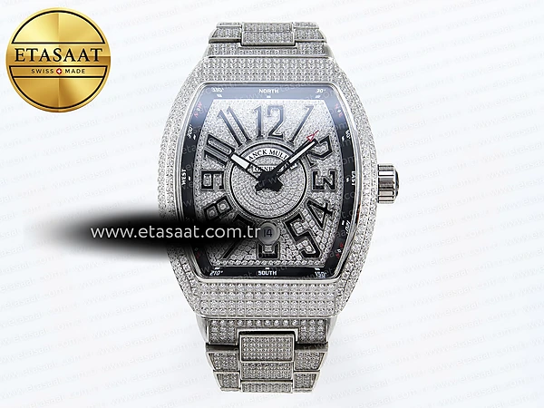 Franck Muller Vanguard Tam Pırlantalı Siyah Kadran A2824 Eta Saat - 1:1 Süper Klon Replika Saat