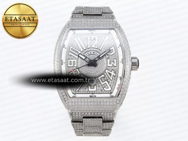 Franck Muller Vanguard Tam Pırlantalı Beyaz Kadran A2824 Eta Saat - 1:1 Süper Klon Replika Saat