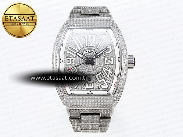 Franck Muller Vanguard Tam Pırlantalı Beyaz Kadran A2824 Eta Saat - 1:1 Süper Klon Replika Saat
