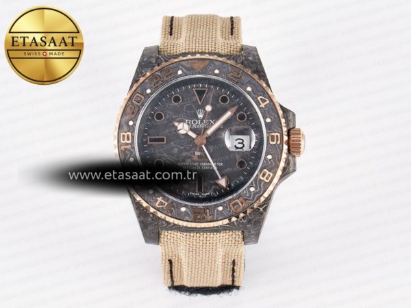 Rolex GMT Karbon Siyah Kadran İndeks Bej SA3186 Eta Saat - 1:1 Süper Klon Replika Saat