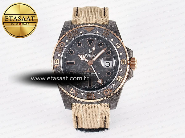 Rolex GMT Karbon Siyah Kadran İndeks Bej SA3186 Eta Saat - 1:1 Süper Klon Replika Saat