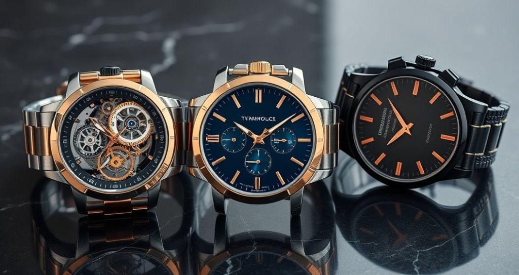 AI generated (Gemini + Flux) featured image for: 2025 Erkek Saat Trendleri: Lüks, Kalite ve Mekanik Şıklık (Prompt: A luxurious, high definition studio product photography image showing three premium men's mechanical)