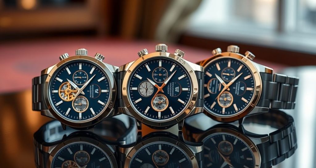 AI generated (Gemini + Flux) featured image for: 2025in En Gözde Lüks Erkek Saat Trendleri: ETA Farkı ve İsviçre Kalitesi (Prompt: A high resolution product photography image showing three ultra luxury men's wristwatches elegantly )