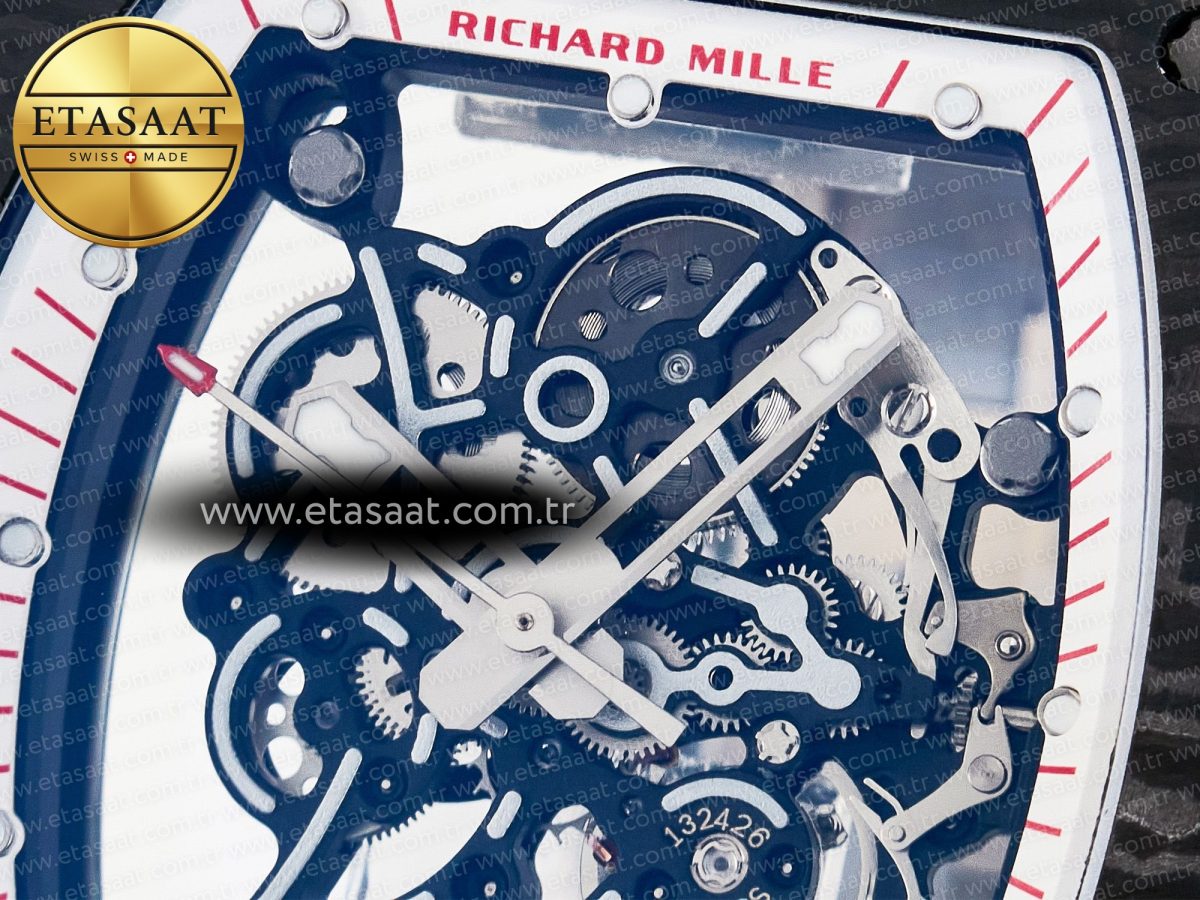 Richard Mille 7RM055 Ti/NTPT UOKF 1:1 Best Edition White/Red Inner Bezel White Crown on Black Rubber Strap RMUL2 Super Clone - Görsel 10