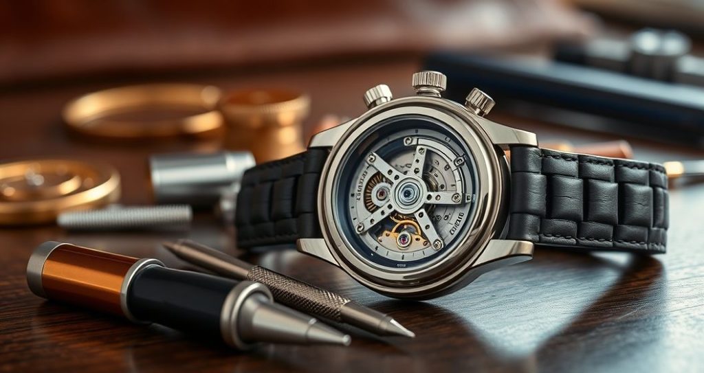 AI generated (Gemini + Flux) featured image for: ETA Destekli Replika Saatler: Prestij ve Mekanizma Rehberi (Prompt: A hyperrealistic studio shot image showing a close up of a luxury replica watch, its sapphire case b)