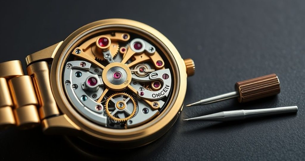 AI generated (Gemini + Flux) featured image for: ETA Mekanizmalı Lüks Otomatik Replika Saat Bakım Rehberi (Prompt: A high resolution macro photography image showing an open luxury automatic watch movement with intri)