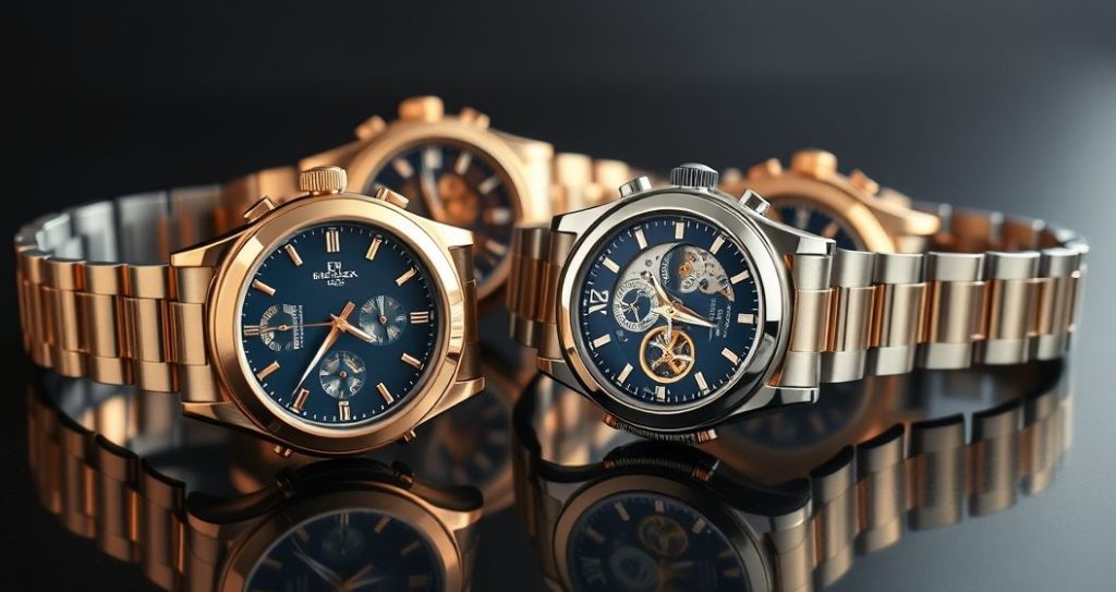 AI generated (Gemini + Flux) featured image for: ETA Mekanizmalı Lüks Saatler: Koleksiyon ve Yatırım Potansiyeli (Prompt: A hyperrealistic studio photograph showing a collection of luxury ETA powered watches, elegantly arr)
