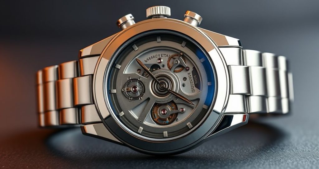 AI generated (Gemini + Flux) featured image for: ETA Mekanizmalı Otomatik Replika Saatler: Kalite ve Tutkunun Buluşması (Prompt: A elegant studio photography image showing a meticulously crafted automatic replica watch, showcasin)