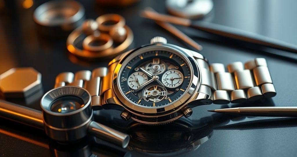 AI generated (Gemini + Flux) featured image for: ETA Mekanizmalı Replika Saatler: Bakım ve Prestij Rehberi (Prompt: A luxurious, detailed product photography image showing a high end replica watch, partially open to )