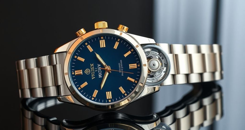 AI generated (Gemini + Flux) featured image for: ETA Mekanizmalı Replika Saatler: Kalite, Lüks ve Bakım Kılavuzu (Prompt: A photorealistic, luxury product photography image. Composition focuses on a high end replica watch,)