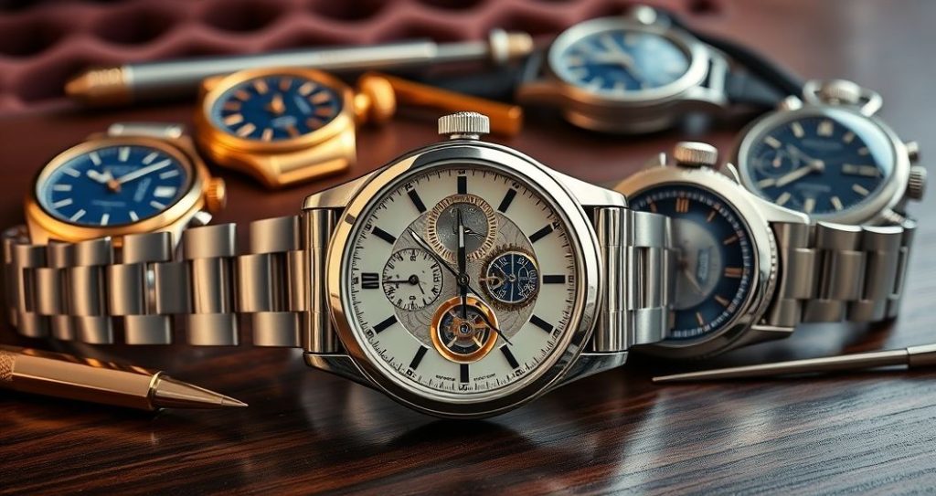 AI generated (Gemini + Flux) featured image for: ETA Mekanizmalı Replika Saatler: Koleksiyonculara Özel Rehber (Prompt: A hyperrealistic, luxurious product photography image showing an exquisite arrangement of replica wa)